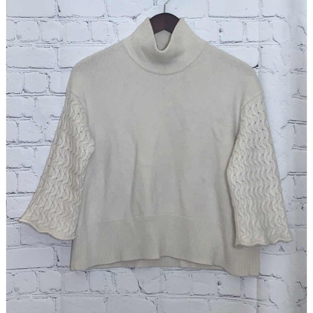 Theory 100% Cashmere Sweater Womens Medium Ivory Ribbed Mock Neck Bell Sleeve